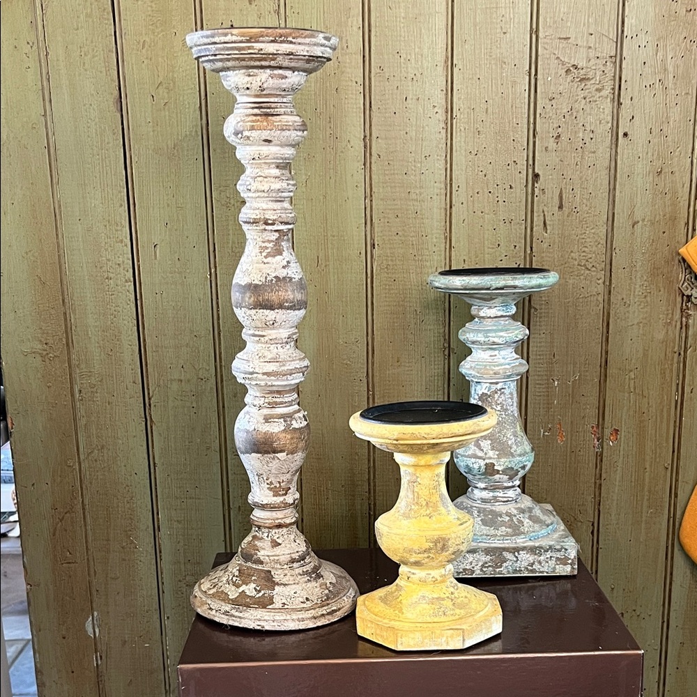 Vintage Distressed Candle Holder Trio